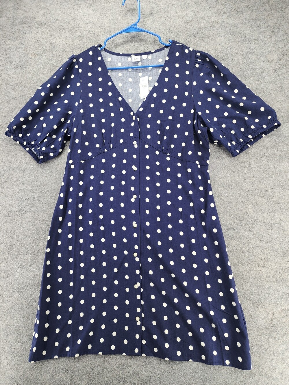 GAP Dress Womens Large Button Front V Neck Short Sleeve Blue Polka Dot